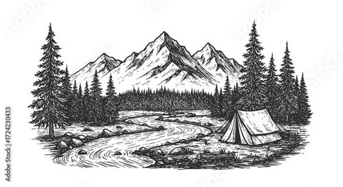 Hand drawn mountain landscape with tent and river in vintage style
