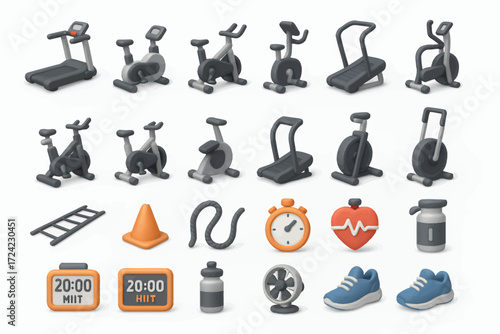 Isometric Fitness Equipment and Accessories Icon Set for Gym, Workout, and Exercise Apps