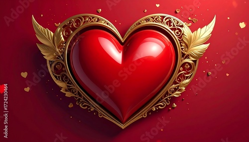 A vibrant red heart framed by gold