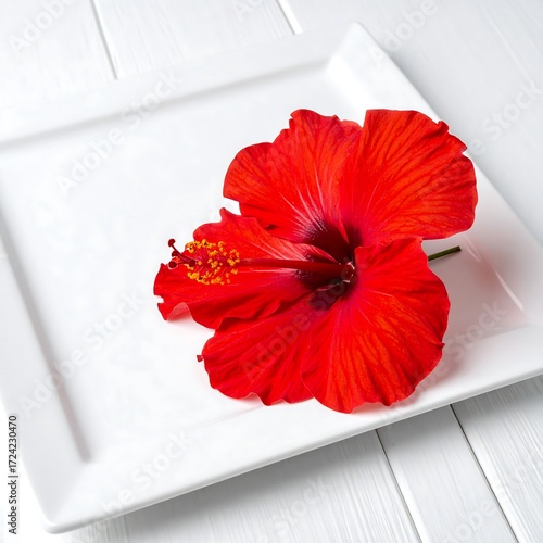 A vibrant red hibiscus flower on a white square plate, set against a white wooden background