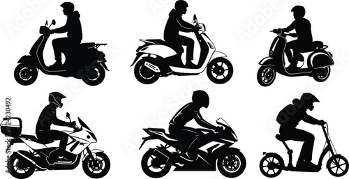 Motorcycle riders, scooter silhouettes, motorbike illustration, electric scooter, biker vector, city transportation, urban commuting, retro scooter, sport bike, personal mobility
