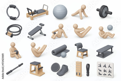 3D Render of Pilates and Fitness Equipment and Exercises