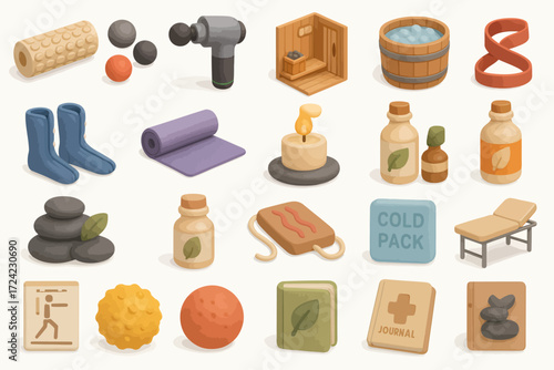 Spa Day Essentials Cartoon Icon Set for Wellness and Relaxation