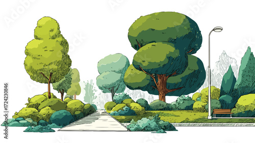 Tranquil City Park with Lush Green Trees - Peaceful Urban Oasis
