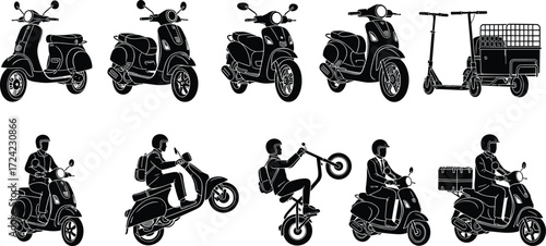 Scooter rider silhouettes, delivery scooter illustration, electric scooter design, vintage moped graphic, modern scooter vector, motorcycle transport silhouette collection