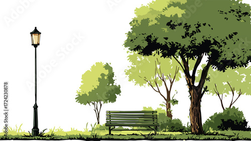 Tranquil Park Landscape with Bench and Trees - Peaceful Nature Scene for Design Projects