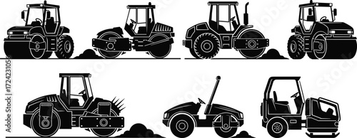 Silhouette road rollers, construction vehicles, heavy equipment, asphalt compactor, industrial machines, roadwork tools, black vector illustration, 