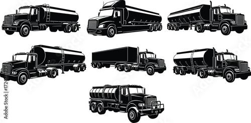 Tanker truck silhouettes, fuel transport vehicle vector, oil delivery truck illustration, logistics transport graphic, heavy cargo vehicle design, petroleum tanker