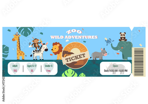Zoo Ticket Design. Zebra, Giraffe, Panda, Monkey, Capybara, Elephant. Ticket Template. Cute Animals