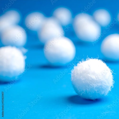 Fluffy white balls on a vibrant blue surface