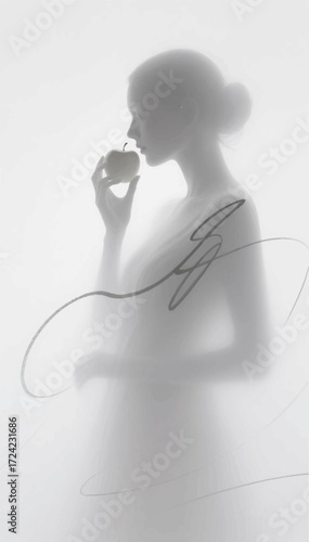 An illustration in monochrome gray tones of a silhouette of a woman standing in the fog and holding an apple in her hand. Vector graphics. EPS.