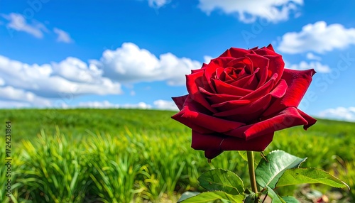 A vibrant red rose in a field under a blue sky