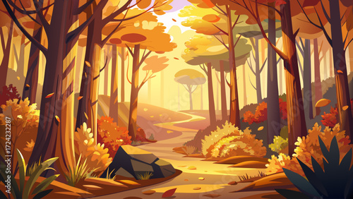 A magical autumn in the forest scene with golden leaves, warm sunlight, tall trees, and gentle wind. This seasonal illustration highlights nature’s charm, peaceful pathways, and cozy woodland beauty 