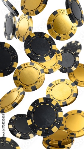 Gold and black poker chips falling
