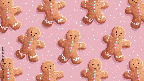 The image displays a repetitive pattern of stylized figures on a light pink background with white specks