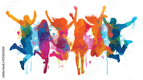 Dynamic Silhouette of Friends Jumping in Vibrant Colors