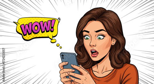 Surprised woman looking at smartphone with comic style wow speech bubble