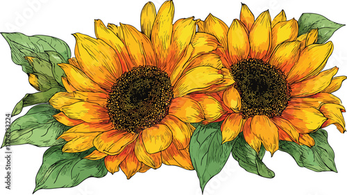 Vibrant Sunflowers in Full Bloom with Green Leaves