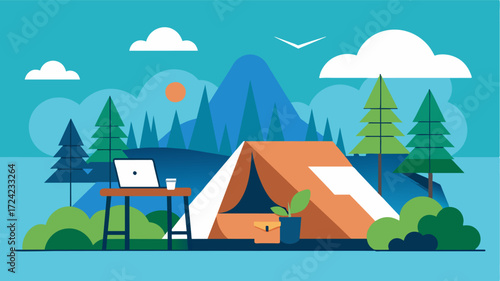 An elevated remote work experience with a tent that offers both modern comforts and a natural unspoiled setting.. Vector illustration