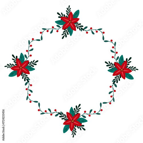 Poinsettia wreath, Christmas star plant with red berry and green branches, winter botanical floral illustration for greeting card, poster, invitations