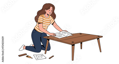 Woman assembling furniture with instruction manual on white background