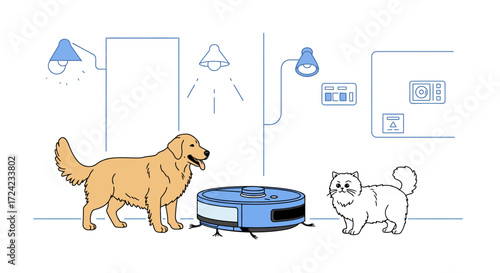 Smart home interaction: robot vacuum with curious pets in minimalist line art