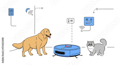 Smart home pet interaction with robot vacuum in minimalist style design