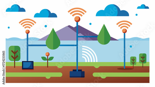 A network of underground sensors that remotely monitor soil moisture levels and send alerts for irrigation needs.. Vector illustration