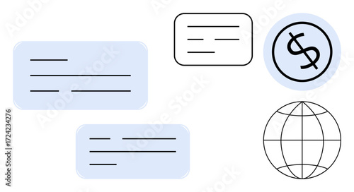 Dialogue boxes, dollar sign in a circle, and globe outline convey business, finance, global communication, commerce, collaboration, digital marketing and international networking. A simple flat