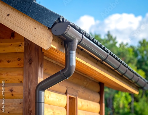 Close-up of a log cabin's rain gutter