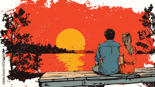 Romantic Young Couple Watching Sunset Cartoon Vector Illustration