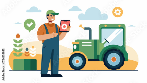 A farmer checks the realtime tracking of his smart tractor on a remote smartphone app ensuring that it is on track and completing tasks efficiently.. Vector illustration