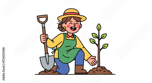Enthusiastic Gardener Planting a Young Tree with Care.