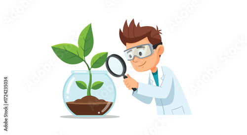 Boy scientist examining plant in glass jar.