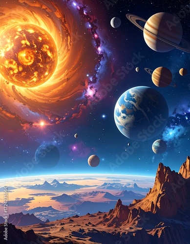 A vibrant space landscape with a fiery sun and planets