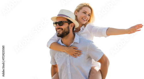 Happy couple enjoying a piggyback ride on the beach during a sunny summer vacation, isolated on transparent background
