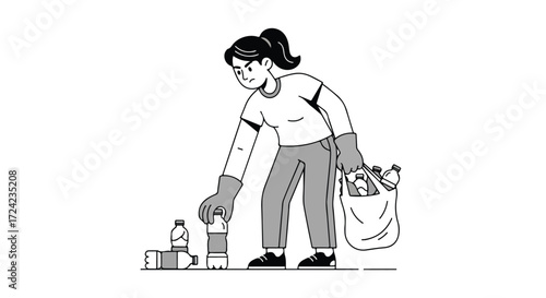 Hand drawn illustration of a young woman collecting plastic bottles.