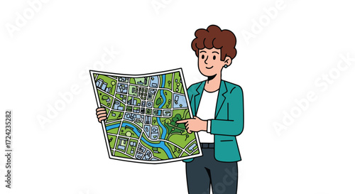 Woman holding and pointing at a city map illustration.
