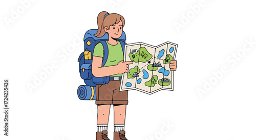 Female Hiker Navigating with Map on Outdoor Adventure.