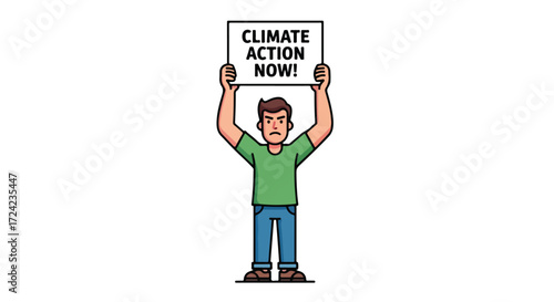 Cartoon activist man holding a Climate Action Now sign.