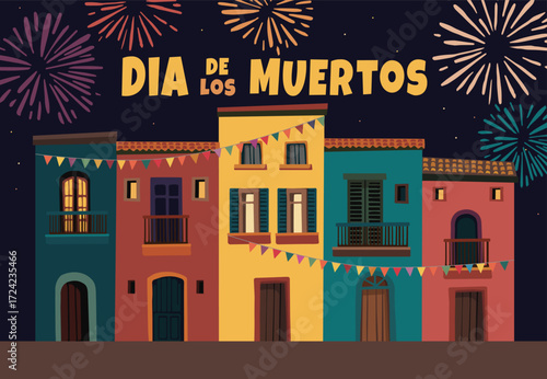 Dia de los Muertos Day of the Dead greeting card. Colorful Mexican town houses, bunting flags, fireworks. Holiday invitation, festival banner, vector illustration flat design background, web banner