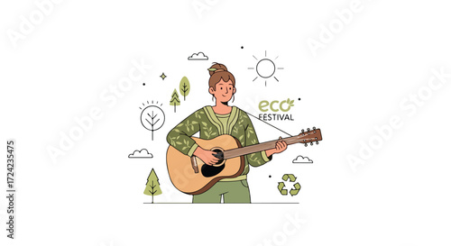 Young woman playing acoustic guitar at an eco festival.