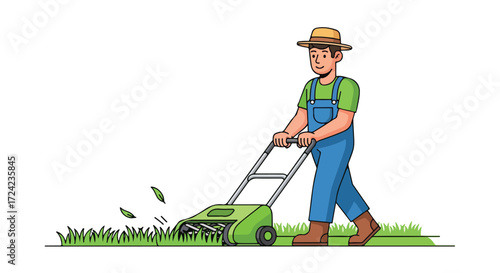 Cartoon Farmer Mowing Lawn with Push Mower in Overalls and Hat.