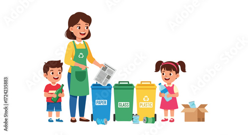 Family Recycling Together - Mother and Children Sorting Waste for Environment.