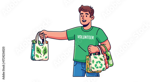 Volunteer Carrying Reusable Bags Promoting Environmental Awareness and Sustainability.