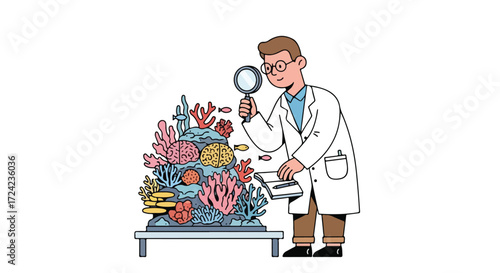 Scientist Examining Coral Reef Specimen with Magnifying Glass.