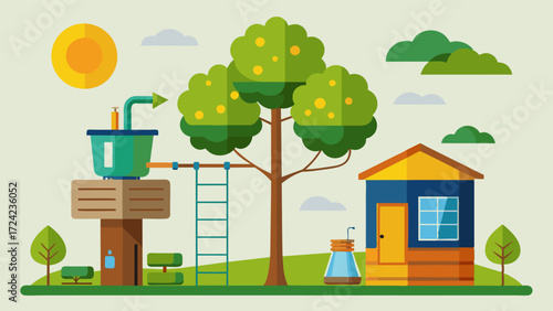 A compost and rainwater collection system make the treehouse completely selfsustaining minimizing the need for outside resources.. Vector illustration