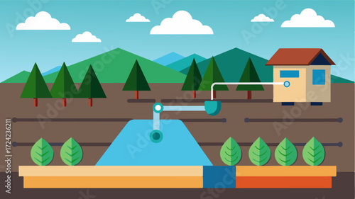 A digital irrigation system adjusting the flow and intensity of water as needed minimizing runoff and soil erosion.. Vector illustration