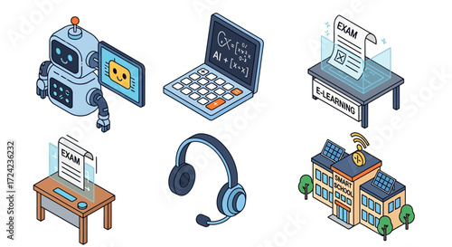 Isometric icons set of modern education technology, e-learning, AI tutors, and futuristic online school concepts