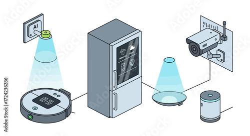Conceptual illustration of a smart home ecosystem, showcasing interconnected IoT devices for automation, security, and convenience in modern living spaces